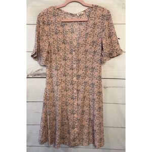 POL Floral Print Button Front Short Sleeve Mini Dress Pink Women's Size S
